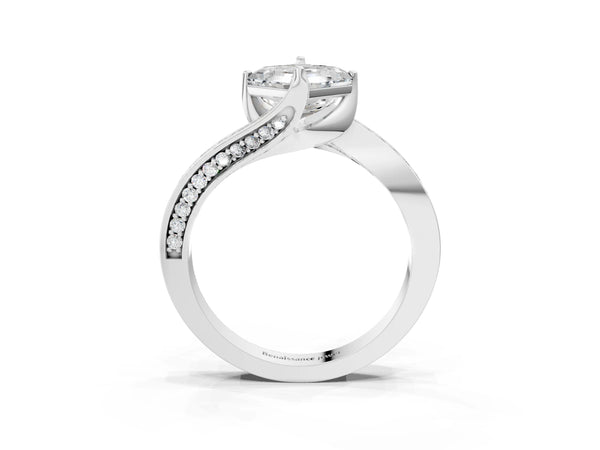 White Gold Asscher Cut Bypass Solitaire Engagement Ring Setting with Swirl Pave Band