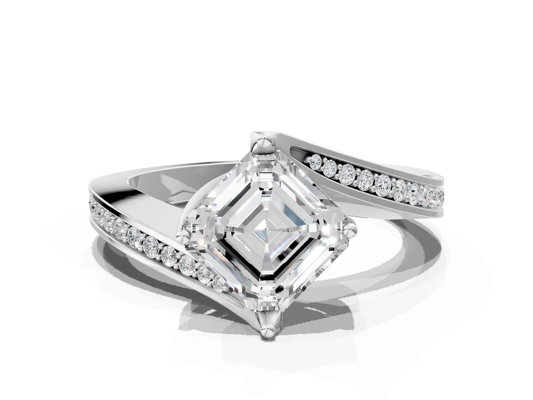 White gold Asscher Cut Solitaire Diamond Twist Band with Pavé Setting and Four-Prong Setting_7