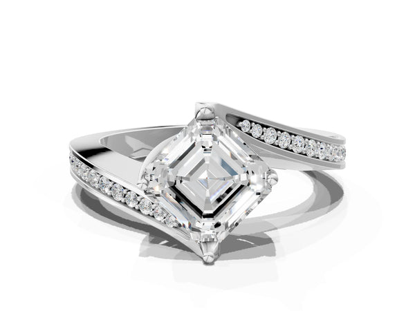 White Gold Asscher Cut Bypass Solitaire Engagement Ring Setting with Swirl Pave Band