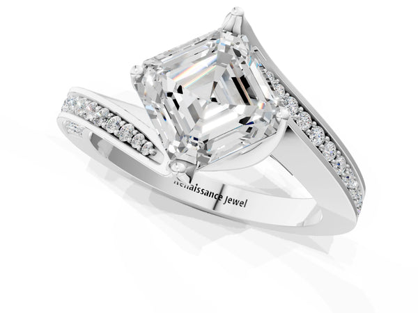 White Gold Asscher Cut Bypass Solitaire Engagement Ring Setting with Swirl Pave Band