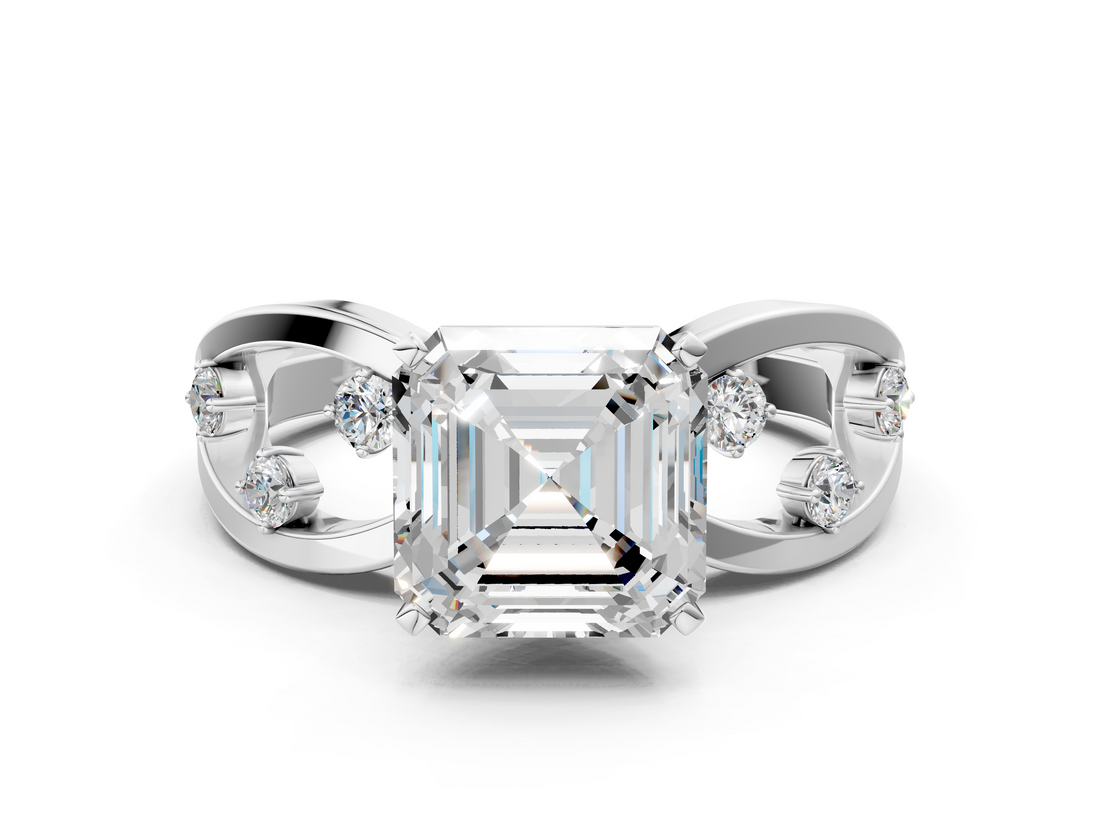 White gold Asscher Cut Solitaire Diamond with Side Stones on Criss-Cross Band and Four-Prong Setting_24