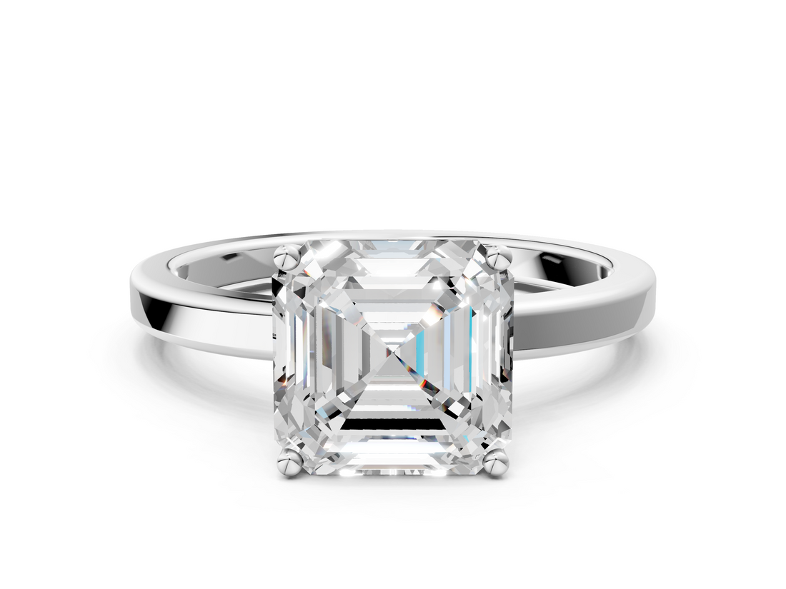 White gold Asscher Cut Solitaire Engagement Ring with Four-Prong Setting on a Classic Band_10