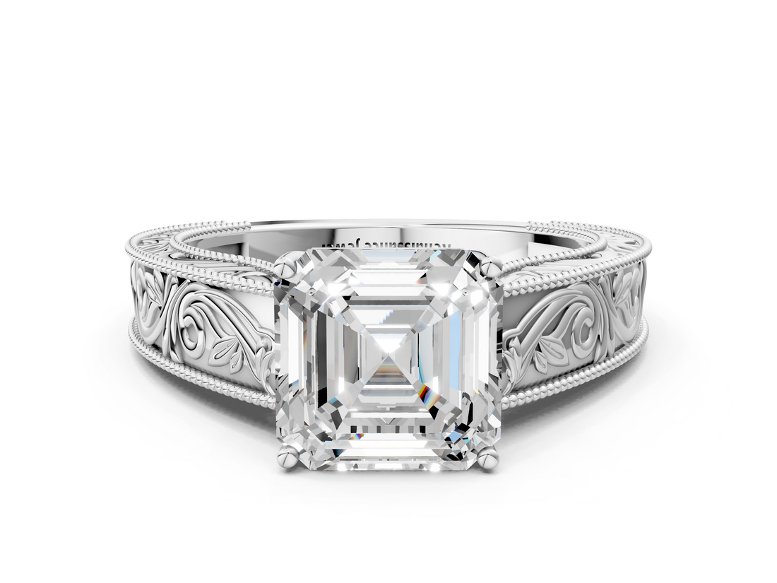 White gold Asscher Cut Solitaire Engraved Band with Four-Prong Setting_6