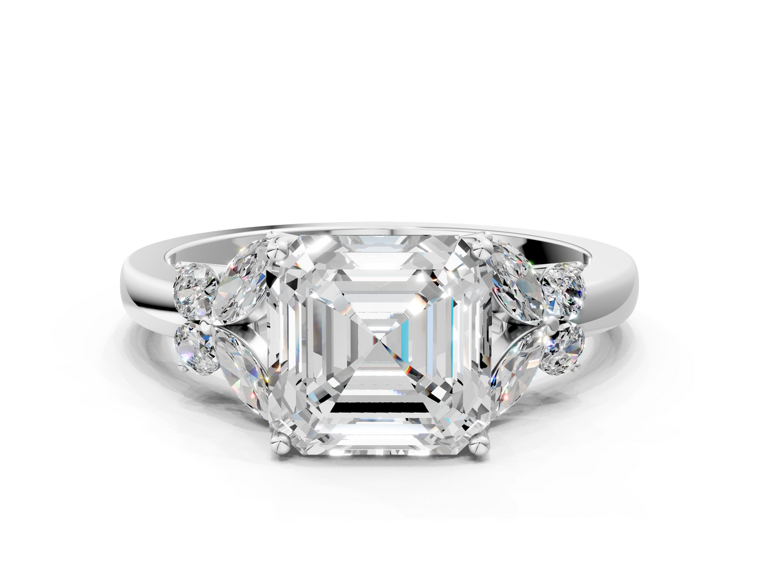 White gold Asscher Cut Solitaire Floral Diamond Ring with Four-Prong Setting_12