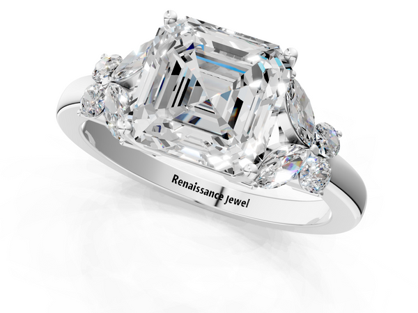 Sterling Silver Asscher Cut Floral Engagement Ring Setting with Marquise and Round Petal Shoulders