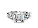 White gold Asscher Cut Solitaire Leaf-Inspired Diamond Ring with Pavé Band and Four-Prong Setting_40