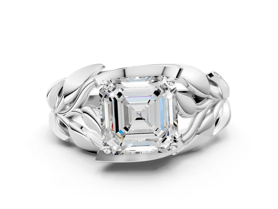 White gold Asscher Cut Solitaire Leaf-Inspired Engagement Ring with Prong Setting_7