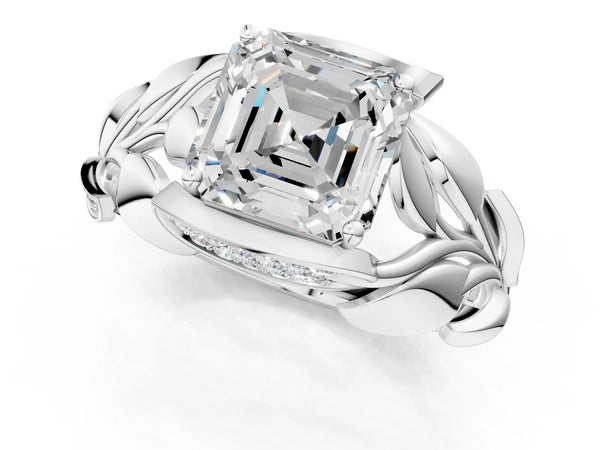 White Gold Asscher Cut Leaf Bypass Engagement Ring Setting with Pave Leaf Panels