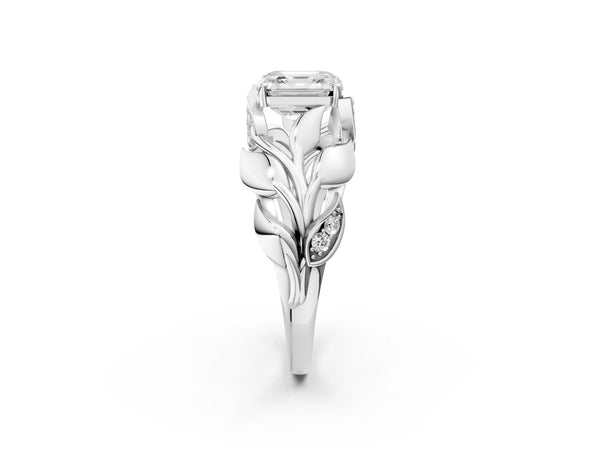 White Gold Asscher Cut Leaf Bypass Engagement Ring Setting with Pave Leaf Panels