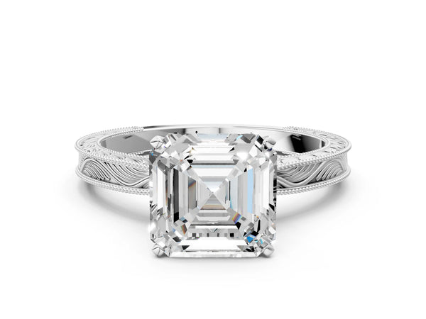 Platinum Round Vintage Solitaire Engagement Ring Setting with Milgrain Engraved Band