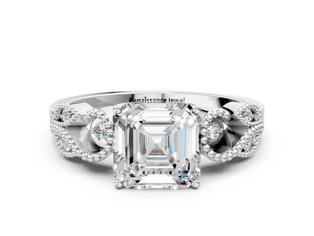 White gold Asscher Cut Solitaire Milgrain Leaf Band with Prong Setting_7