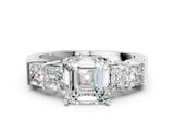 White gold Asscher Cut Solitaire Princess Side Stone Engraved Band Prong Setting Ring_35
