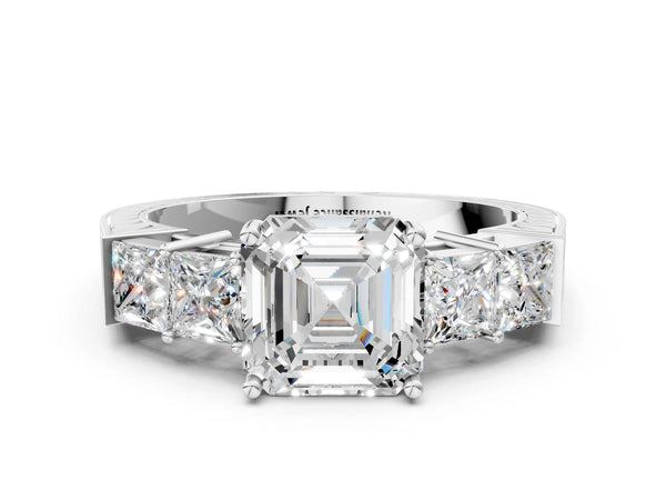 White gold Round Solitaire Princess Side Stone Engraved Band Prong Setting Ring