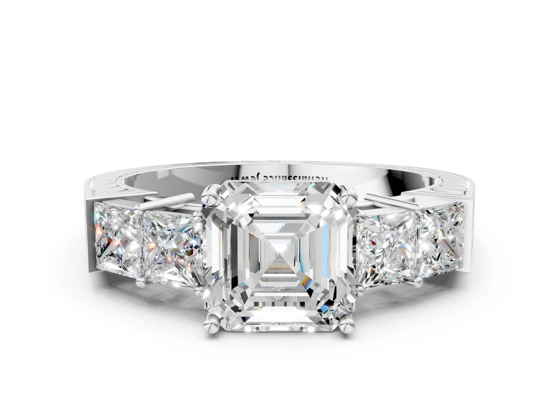 White gold Asscher Cut Solitaire Princess Side Stone Engraved Band Prong Setting Ring_35