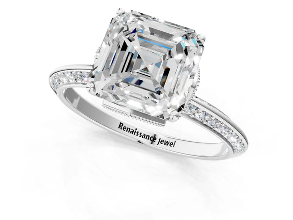 White Gold Asscher Cut Graduated Pave Engagement Ring Setting