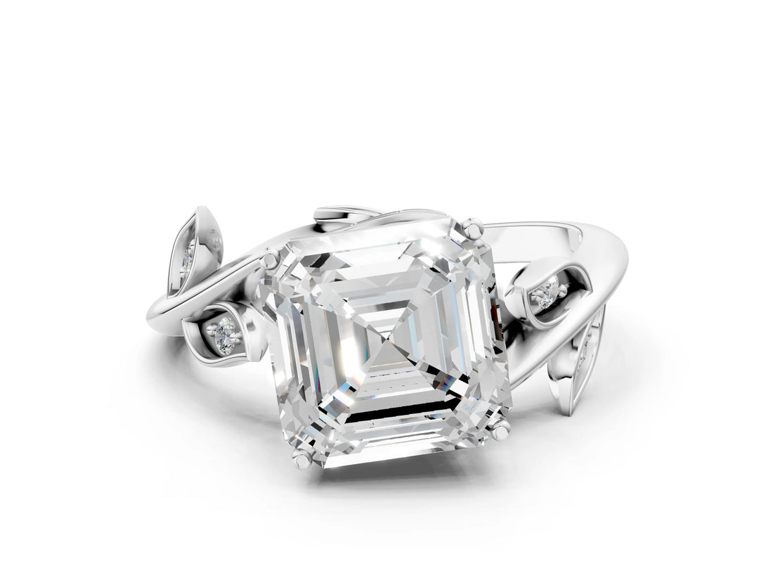 White gold Asscher Cut Solitaire Twist Engagement Ring with Leaf Accents and Prong Setting_19
