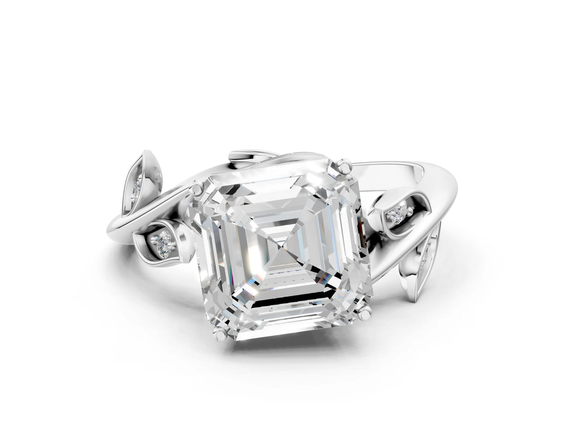 White gold Asscher Cut Solitaire Twist Engagement Ring with Leaf Accents and Prong Setting_25