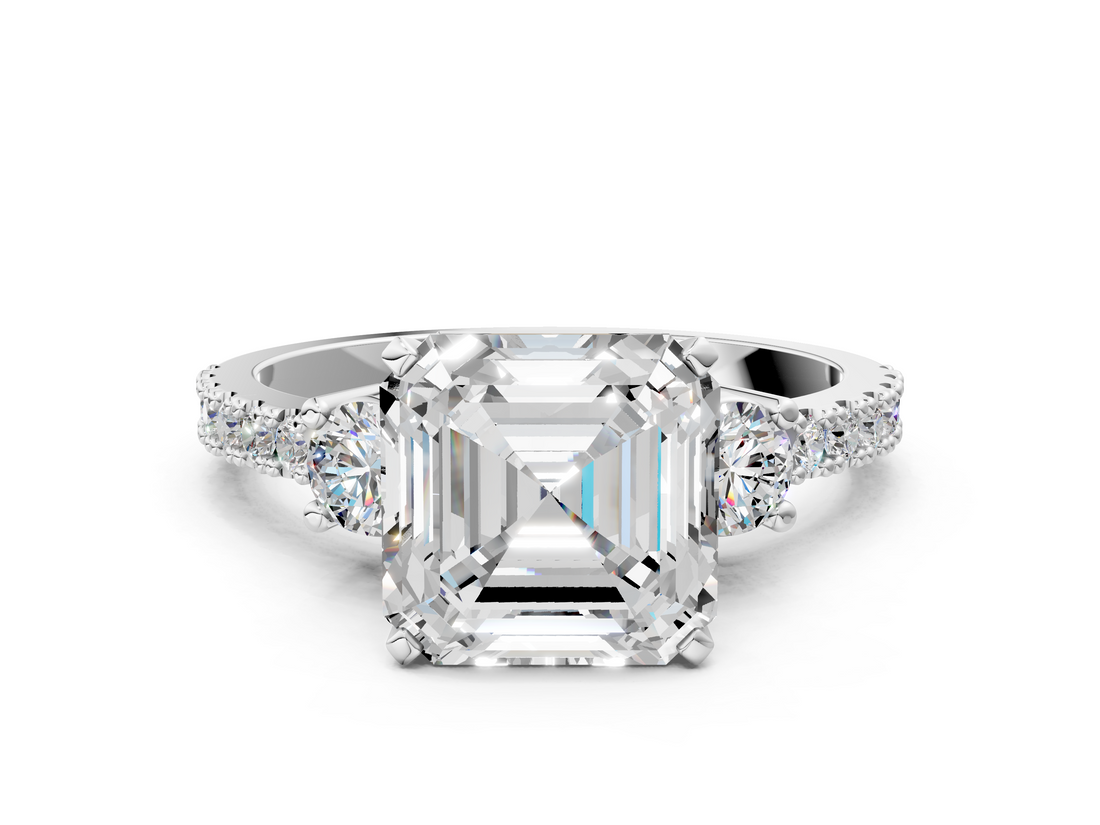 White gold Asscher Cut Three-Stone Diamond Pavé Band with Prong Setting_23