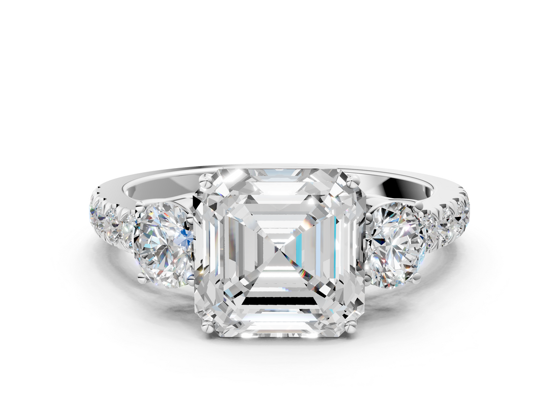 White gold Asscher Cut Three-Stone Diamond Pave Band with Prong Setting_40