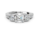 White gold Asscher Cut Three-Stone Diamond Ring with Pavé Band and Four-Prong Setting_38