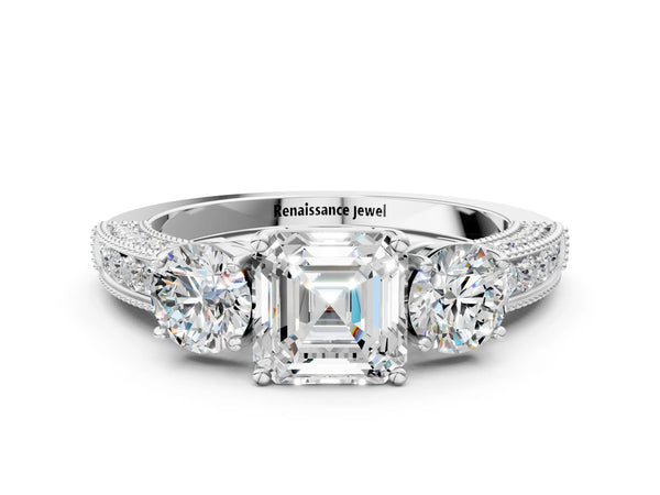 White gold Oval Three-Stone Diamond Ring with Pavé Band and Four-Prong Setting