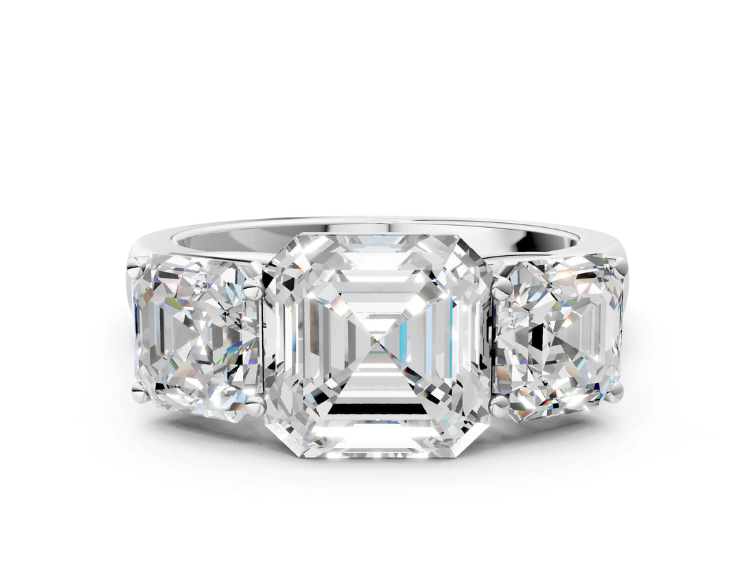 White gold Asscher Cut Three-Stone Diamond Ring with Prong Setting on a Classic Band_20