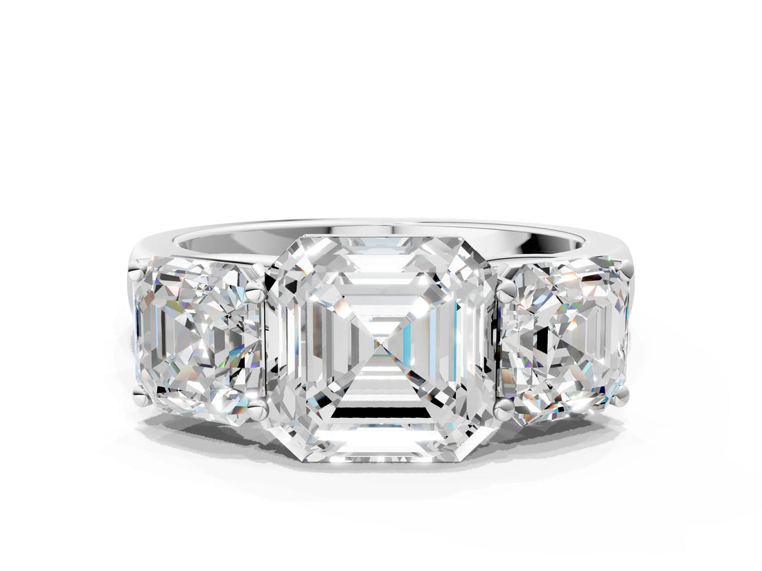 White gold Asscher Cut Three-Stone Diamond Ring with Prong Setting on a Classic Band_7