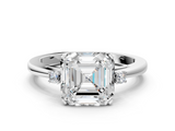 White gold Asscher Cut Three-Stone Solitaire Ring with Round Accent Diamonds and Four-Prong Setting_36