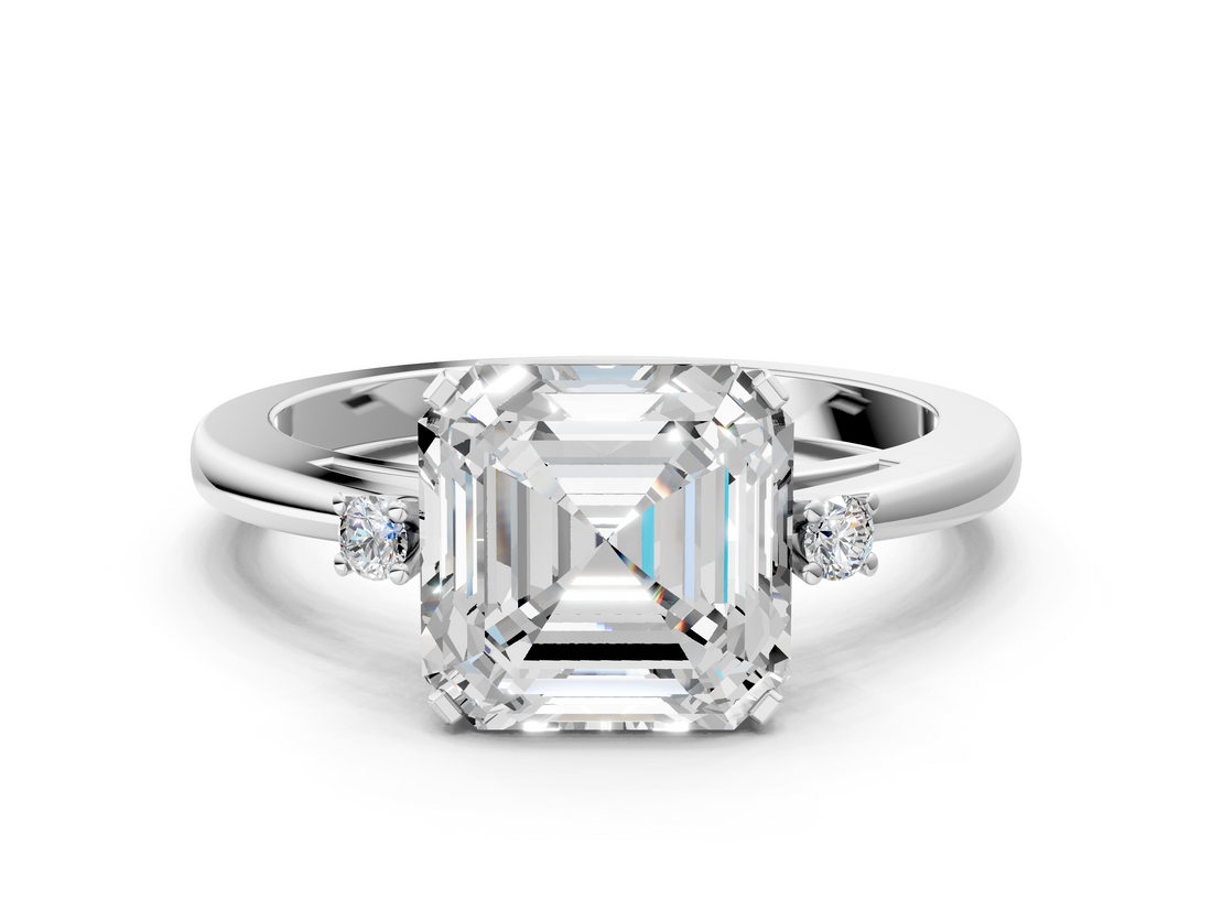 White gold Asscher Cut Three-Stone Solitaire Ring with Round Accent Diamonds and Four-Prong Setting_45