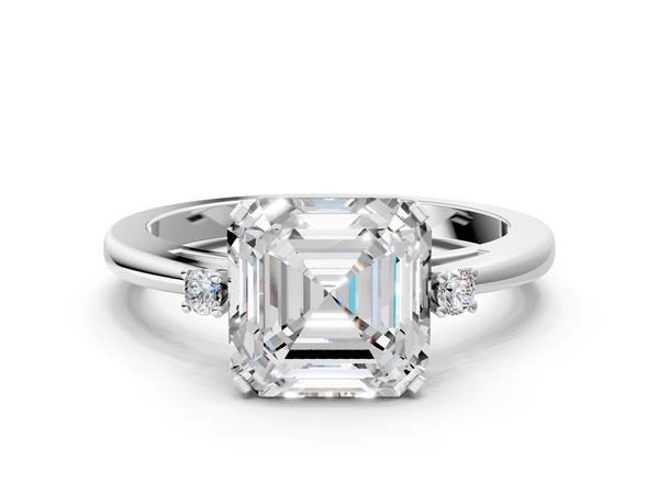 White gold Asscher Cut Three-Stone Solitaire Ring with Round Accent Diamonds and Four-Prong Setting