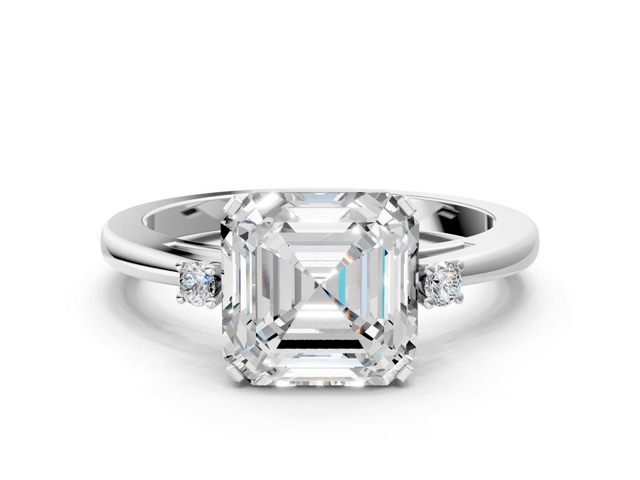 White gold Asscher Cut Three-Stone Solitaire Ring with Round Accent Diamonds and Four-Prong Setting