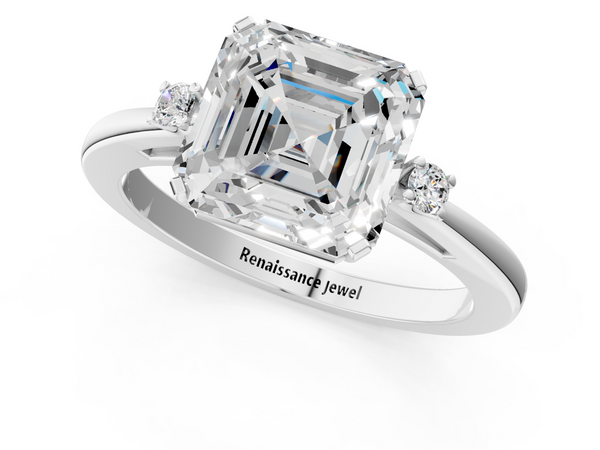 White gold Asscher Cut Three-Stone Solitaire Ring with Round Accent Diamonds and Four-Prong Setting