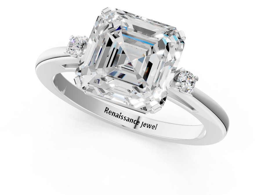 White gold Asscher Cut Three-Stone Solitaire Ring with Round Accent Diamonds and Four-Prong Setting