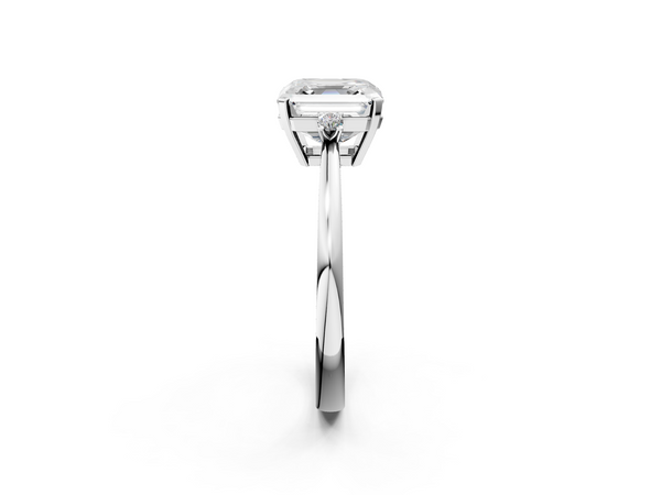 White gold Asscher Cut Three-Stone Solitaire Ring with Round Accent Diamonds and Four-Prong Setting