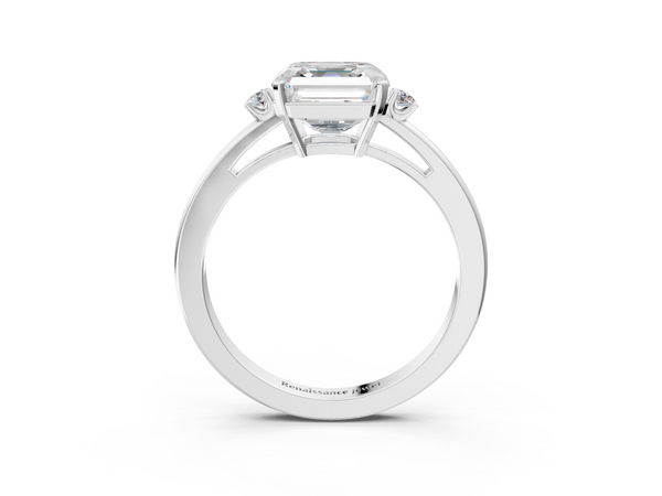 White gold Asscher Cut Three-Stone Solitaire Ring with Round Accent Diamonds and Four-Prong Setting