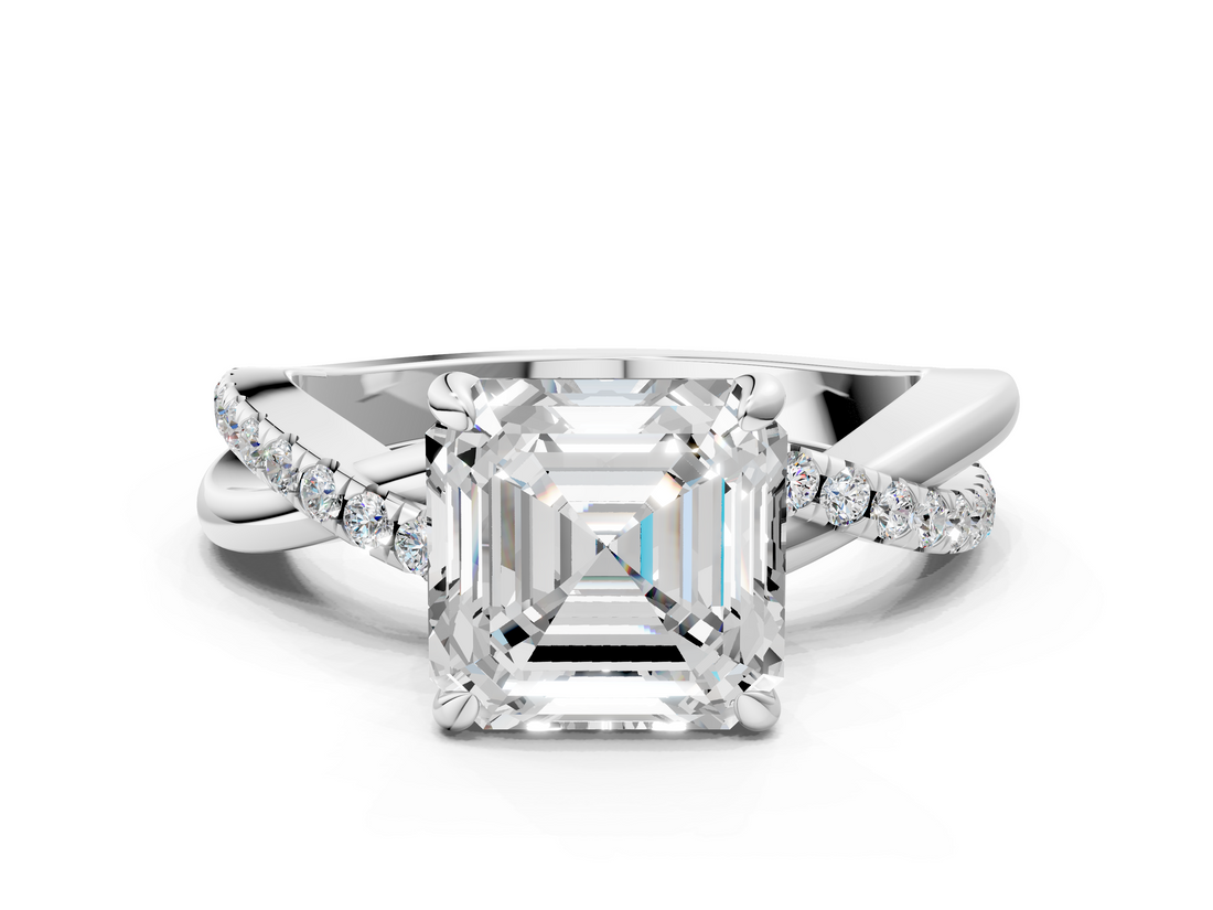 White gold Asscher Cut Twist Band Solitaire Diamond Ring with Pavé Setting_7