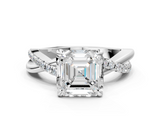 White gold Asscher Cut Twist Band Solitaire Diamond Ring with Pavé Setting_7