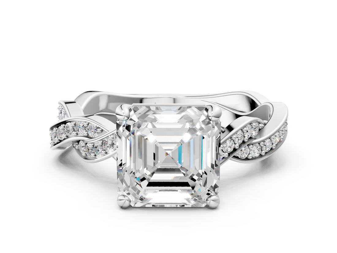 White gold Asscher Cut Twisted Pavé Band Solitaire Ring with Four-Prong Setting_6