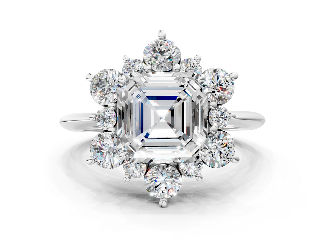 White gold Asscher Diamond Cluster Halo Ring with Solitaire Band and Four-Prong Setting_6