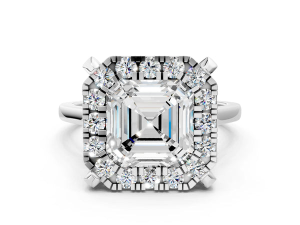 White gold Asscher Diamond Cluster Halo Solitaire with Four-Prong Setting