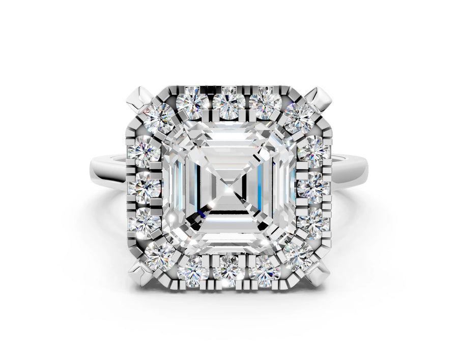 White gold Asscher Diamond Cluster Halo Solitaire with Four-Prong Setting
