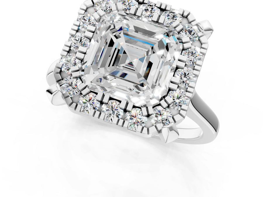 White gold Asscher Diamond Cluster Halo Solitaire with Four-Prong Setting