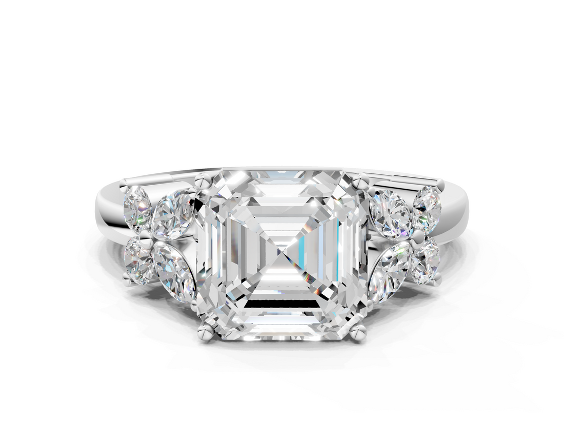 White gold Asscher Diamond Floral Cluster Ring with Solitaire Band and Prong Setting_6