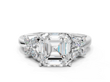 White gold Asscher Diamond Floral Cluster Ring with Solitaire Band and Prong Setting_6