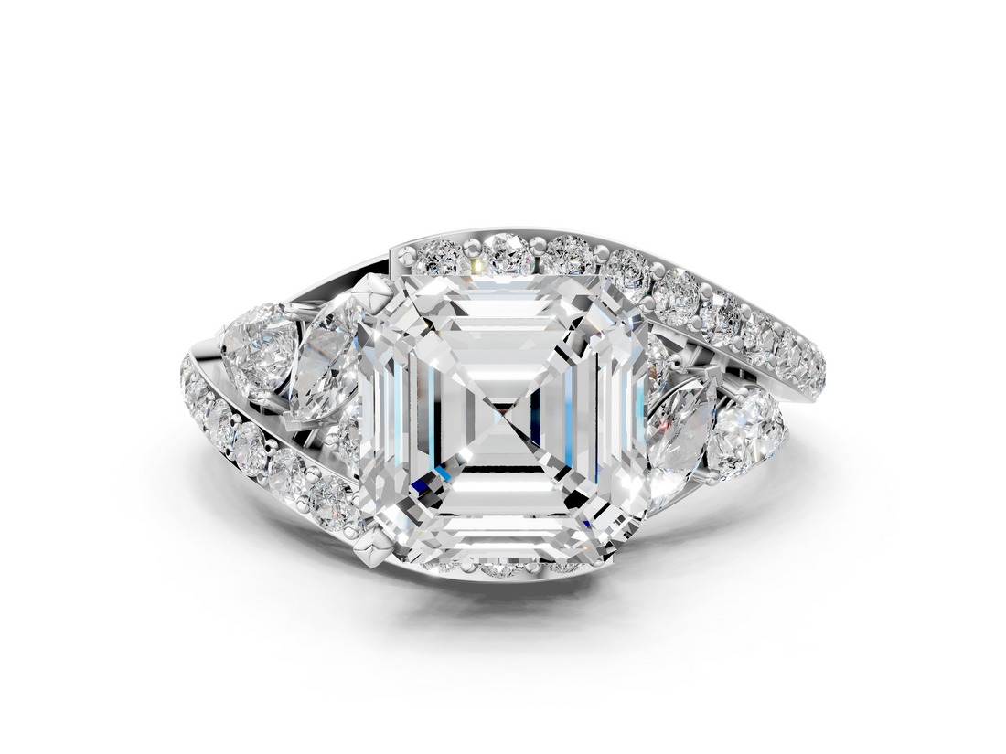 White gold Asscher Diamond Halo Ring with Marquise and Pavé Band in Prong Setting_24