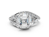 White gold Asscher Diamond Halo Ring with Marquise and Pavé Band in Prong Setting_24