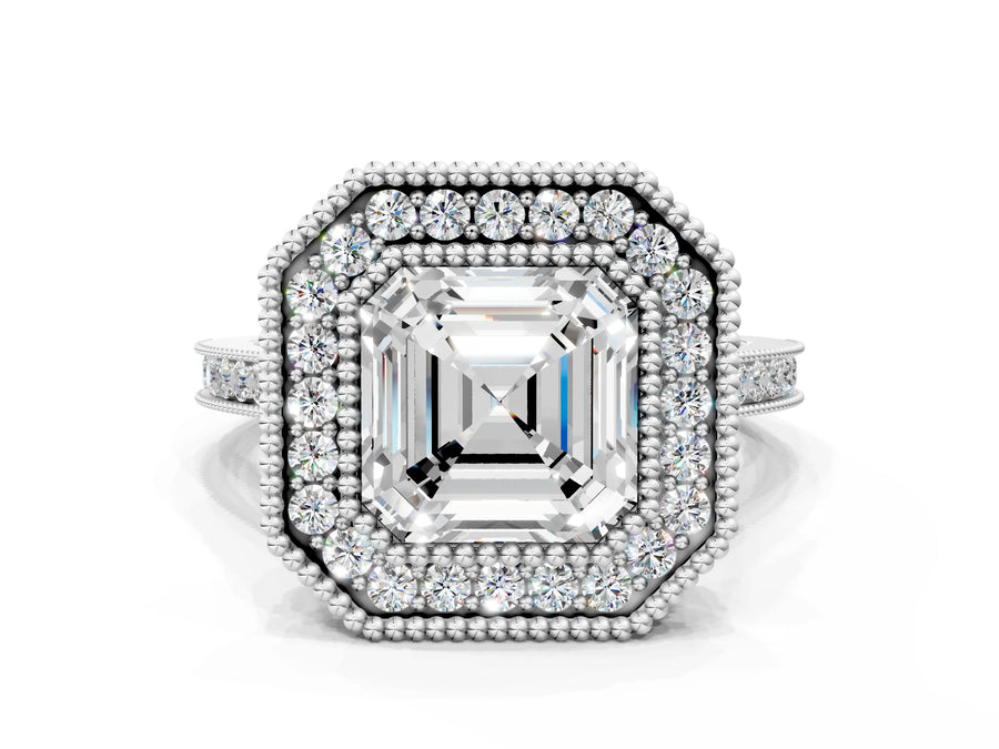 White gold Asscher Diamond Halo Ring with Milgrain Frame and Pavé Band