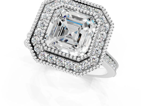 White gold Asscher Diamond Halo Ring with Milgrain Frame and Pavé Band