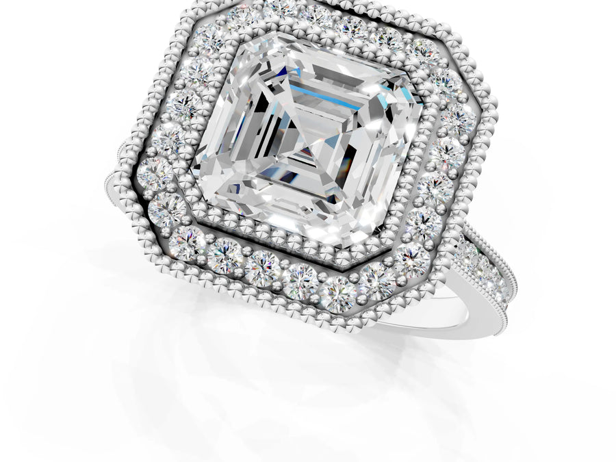 White gold Asscher Diamond Halo Ring with Milgrain Frame and Pavé Band
