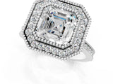 White gold Asscher Diamond Halo Ring with Milgrain Frame and Pavé Band_92